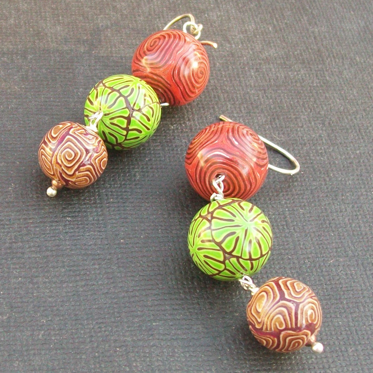 earrings polymer clay vegetable colors wild patterned beads- summer drops