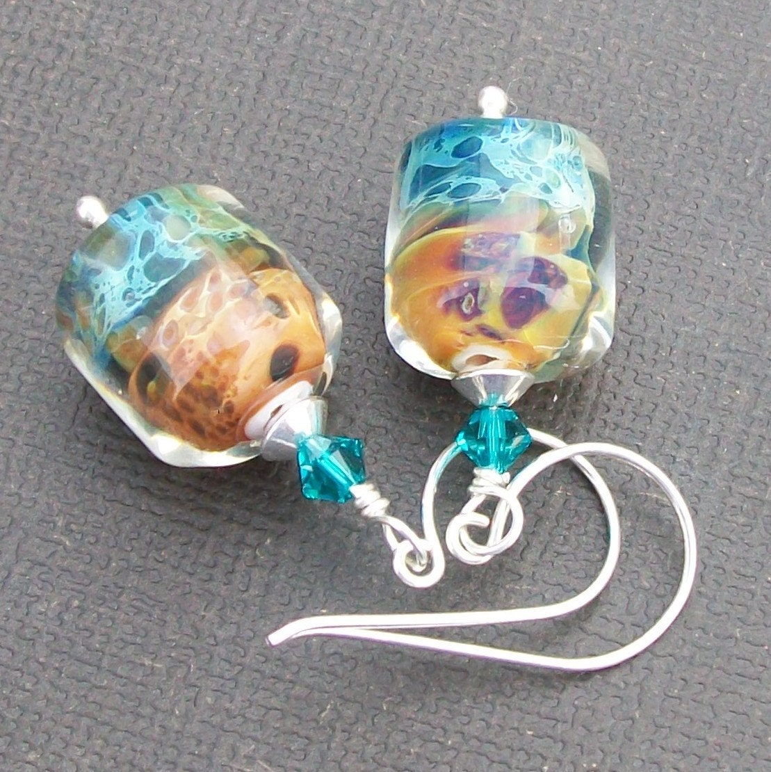 beaded boro glass earrings aqua amber caramel spotted beads- sand and sea I