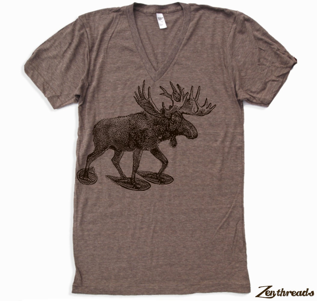 Unisex MOOSE (in Snow Shoes) Tri Blend V Neck T Shirt american apparel XS S M L (2 Color Options)