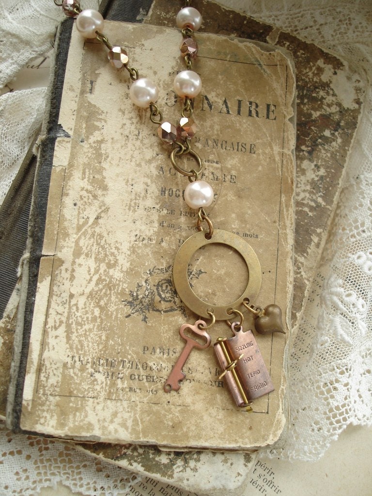 LOVE METER - Vintage Charm Necklace. Antique Skeleton Key, Heart, Pearls, Crystals, Rustic, Romantic, Vintage Assemblage Jewelry.