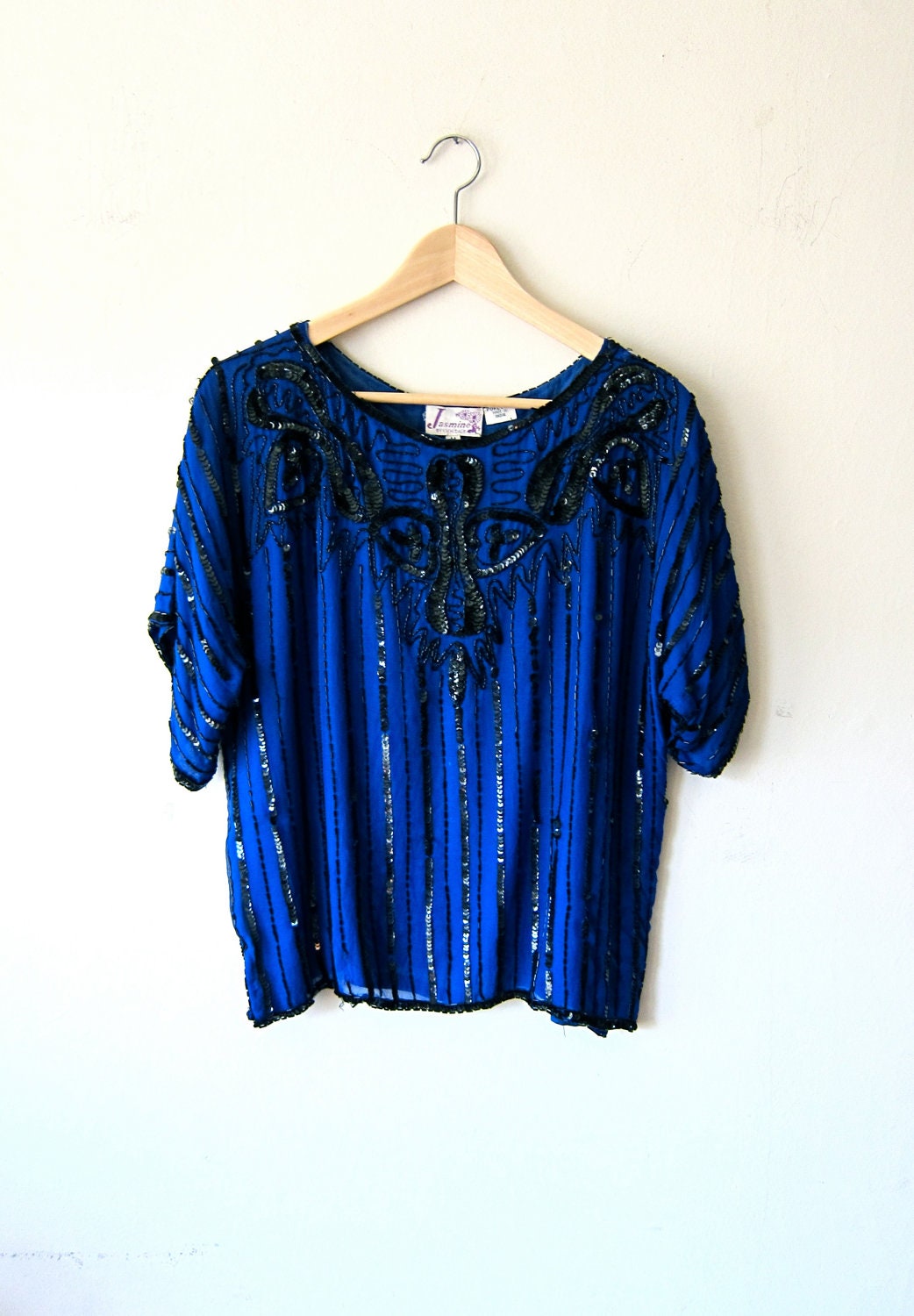 Blue and Black Silk Sequined Blouse
