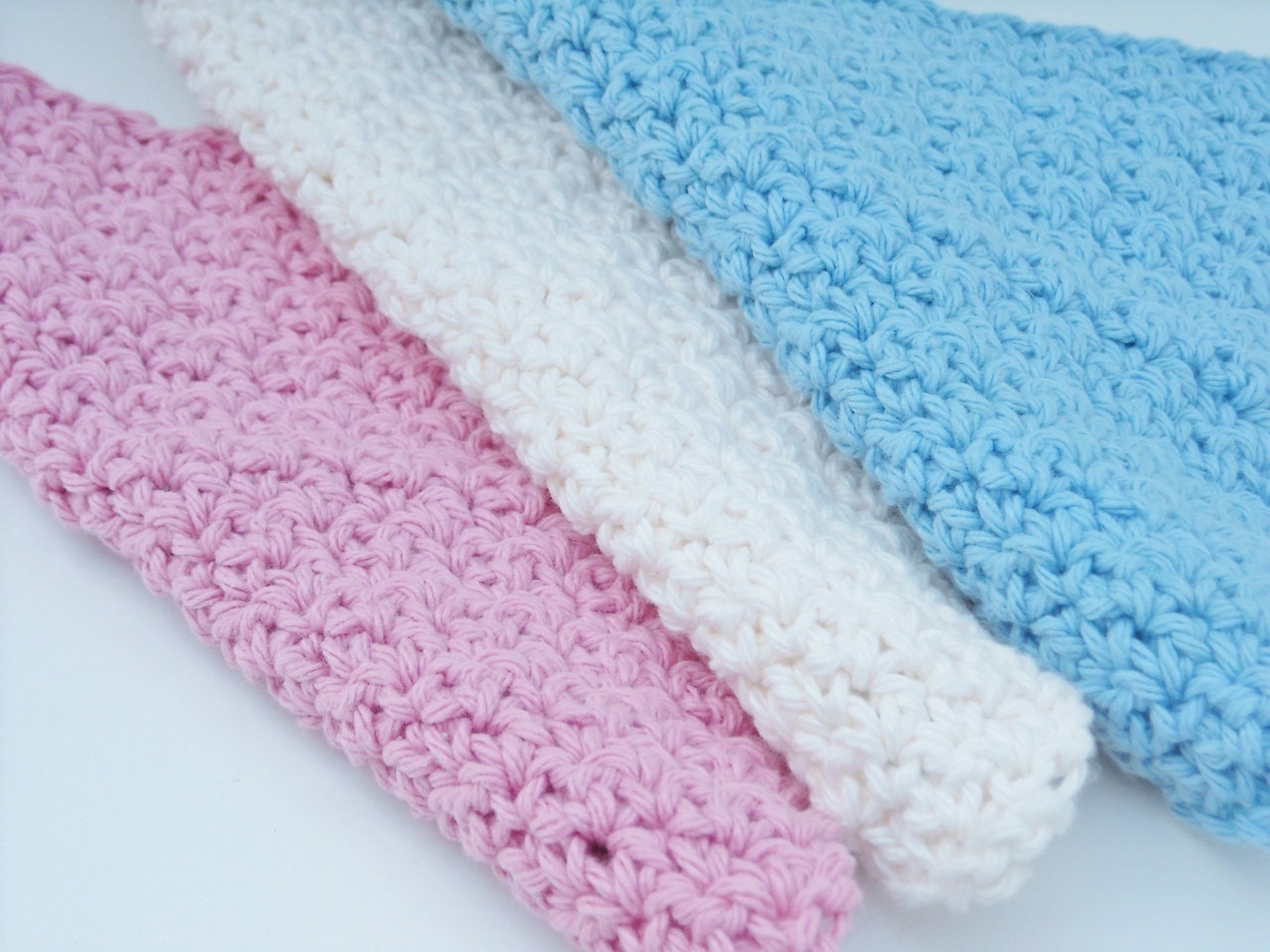 Crochet Washcloth Dishcloth Cotton Rose Pink, Blue, Cream Set of 3