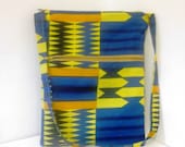 Multi Pocket Zipper Purse Tote Bag African Tribal Pattern in Blue and Gold - handjstarcreations