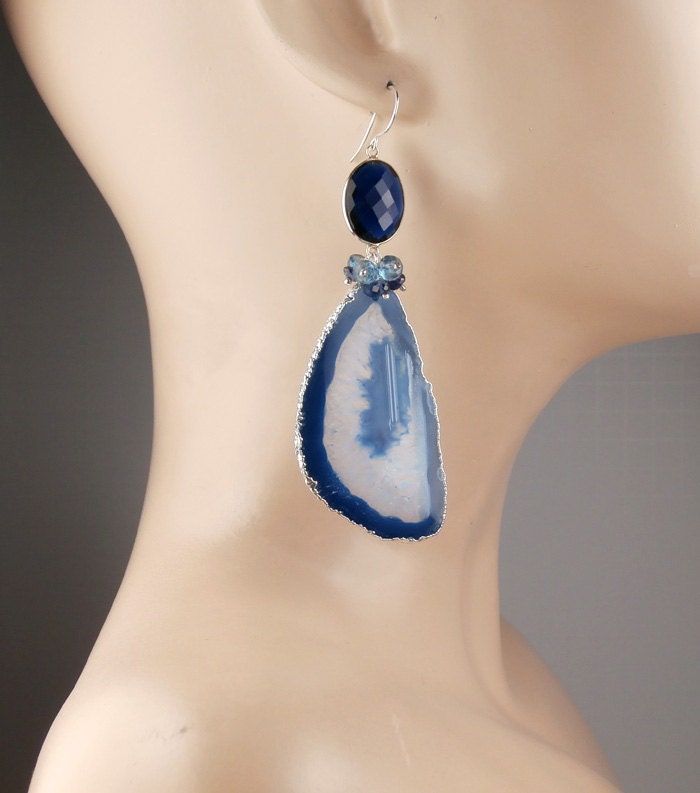 RESERVED - Blue Agate Slice Earrings Long Blue Dangle Earrings Geode Slice Gemstone Luxury Statement Fall Fashion - Angelina