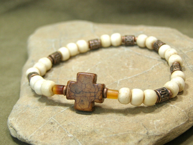 Cross Bracelet - Unisex Bracelet - Mens Bracelet - Beaded Bracelet - Stretch Bracelet - Tribal Bracelet - Bohemian Jewelry