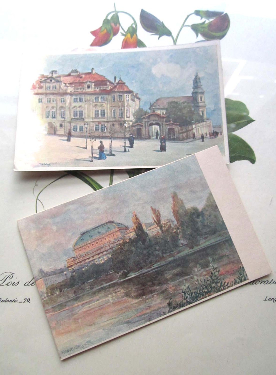 Two Vintage Postcards Prague street scenes