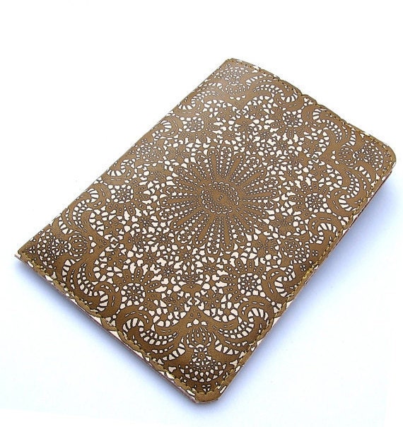 Leather Passport case - Antique lace design