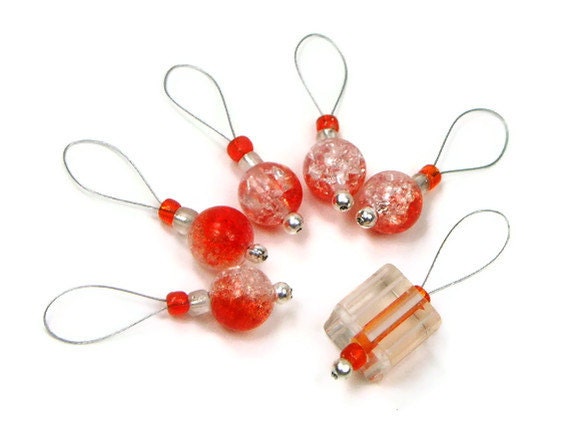Knitting Stitch Markers Set, Beaded, Snag Free, Tangerine Orange, Gift for Knitter, DIY Crafts, TJBdesigns