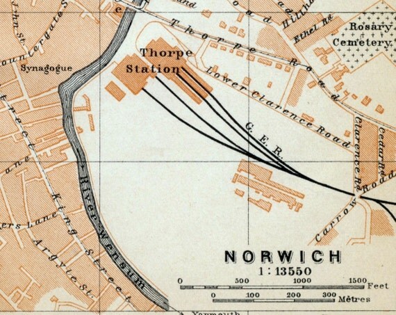 1906 Antique City Map of Norwich, the UK
