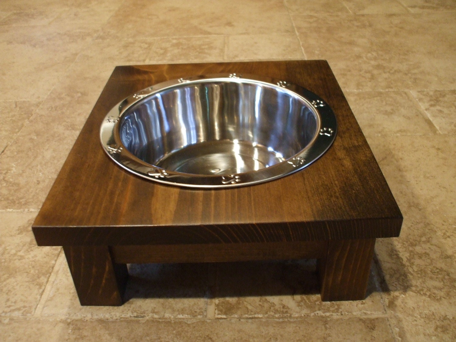 2 Quart 4 Inch Single - Ergonomically Designed Pet Feeder - Stained Dark Walnut
