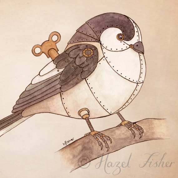 Clockwork Bird Long-tailed Tit - 8x10 inch Print - steampunk illustration
