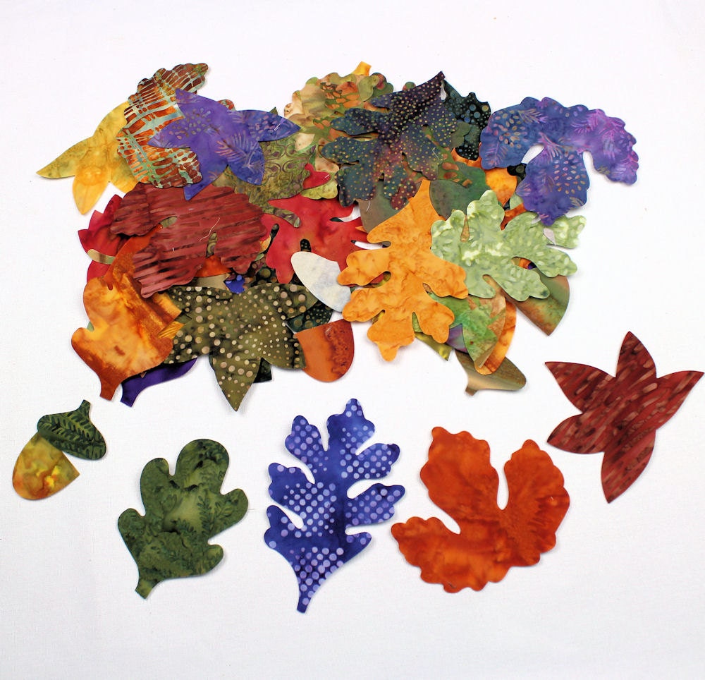 Batik Fabric Applique Iron on  Leaves - 48 piece set Oak, Maple, Acorns
