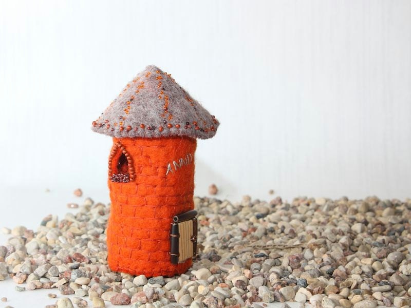 Wool Old Red Tower, Felted Miniature House, soft sculpture, red, orange