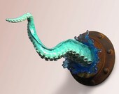 Tentacle Wall Sculpture, Teal,Aqua,Green, with Splash,rusty porthole, wall decor - ArtAkimbo