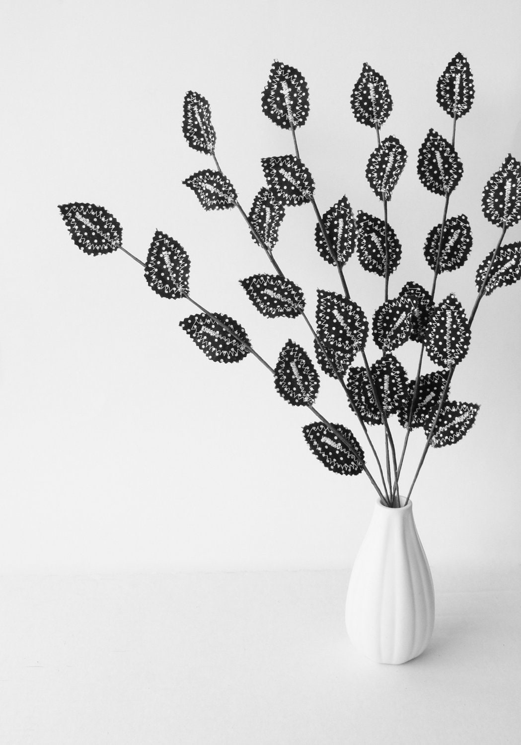 Fabric Leaves - Black and White Polka Dot Twig Branches (set of 6) Mother's Day Gift Idea