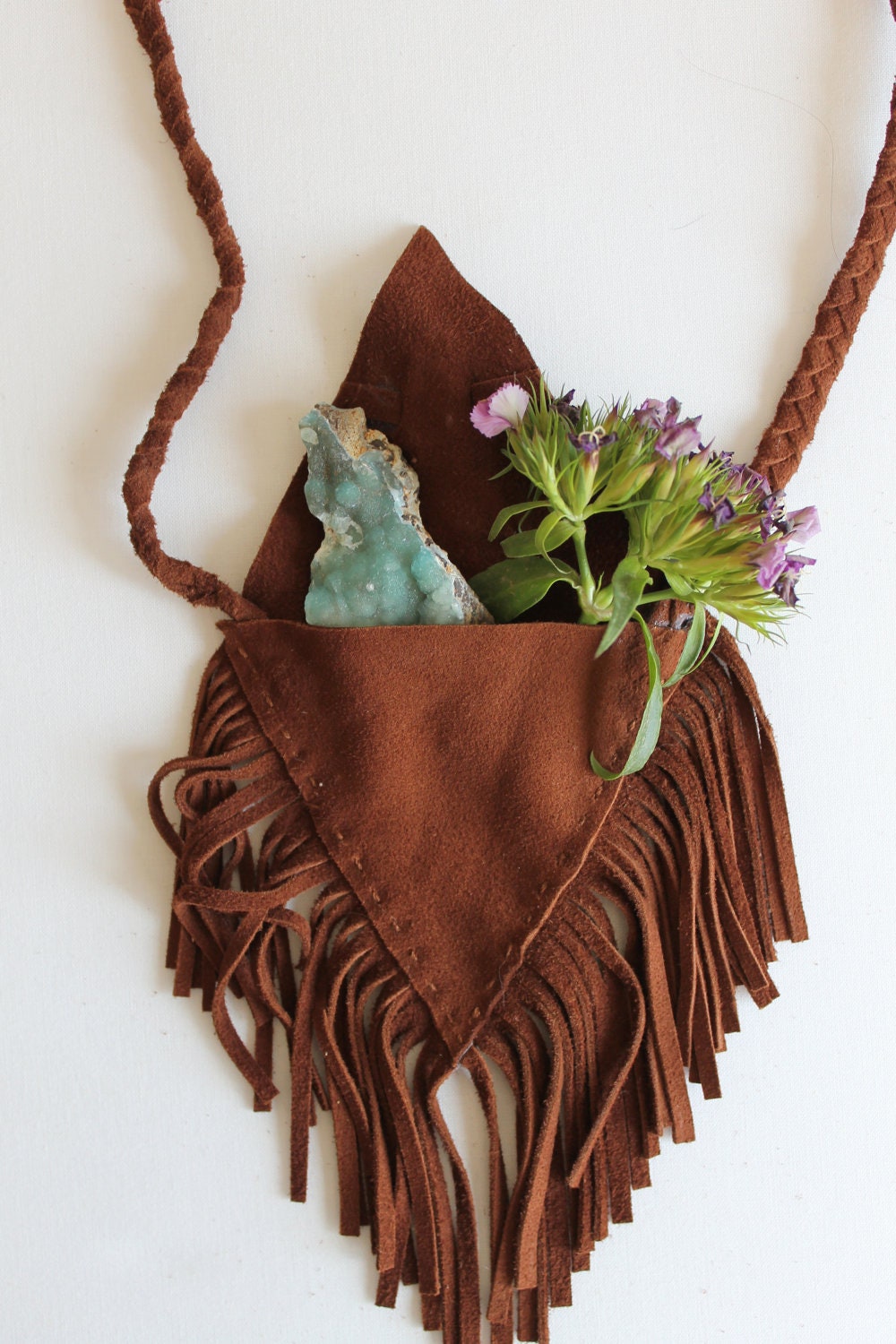 Leather Pyramid Fringe Medicine Bag Brown