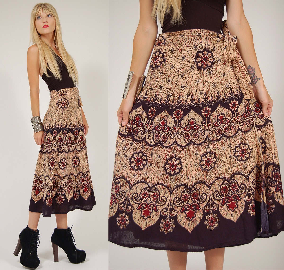 Vintage 80s WRAP Skirt ETHNIC Batik Midi O/S