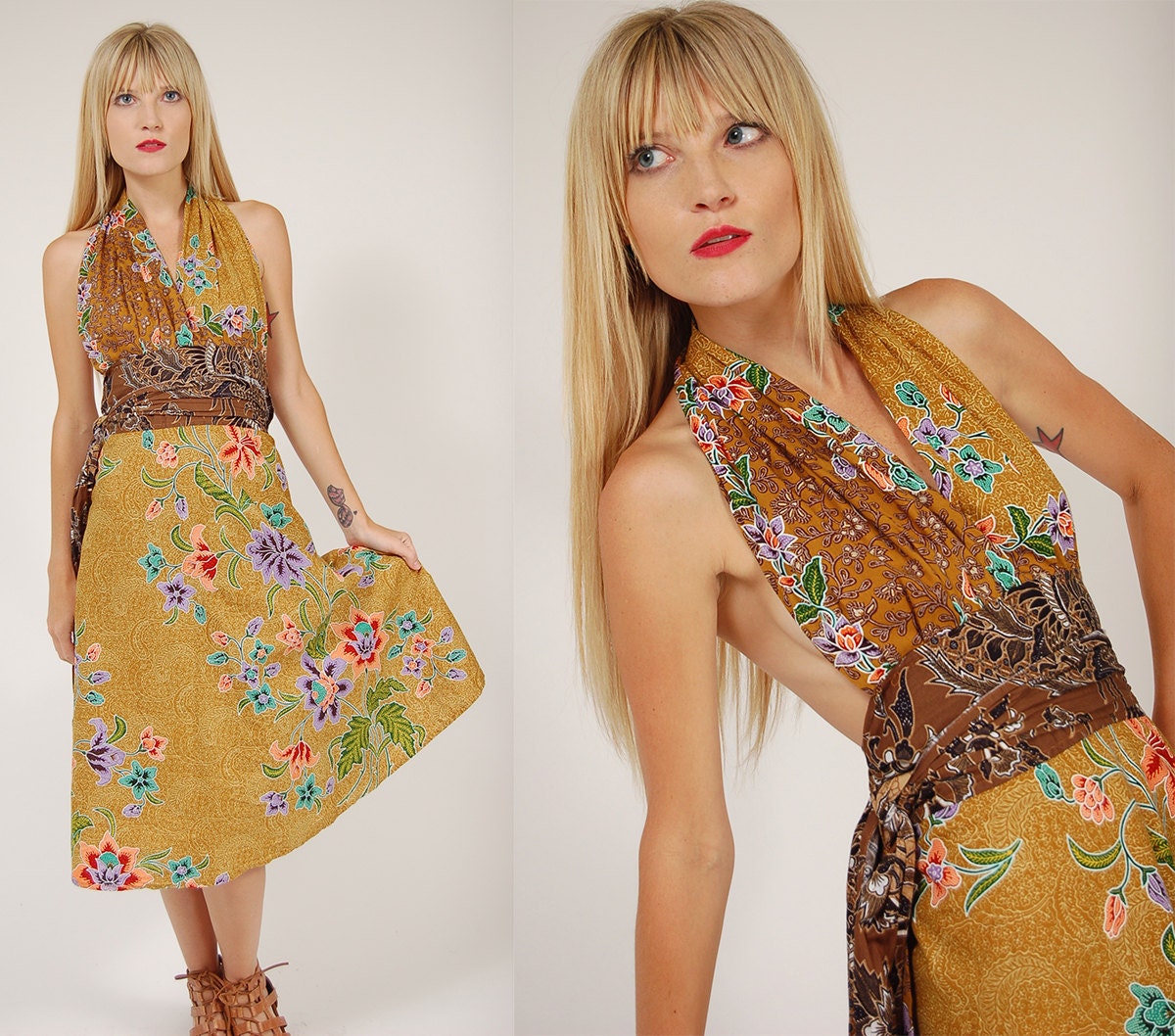 Vintage 80s WRAP Dress TROPICAL Floral Halter O/S