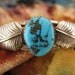 Cuff Bracelet - Sterling Silver - Turquoise - Southwest Style Jewelry - Blue Stone Jewelry - Oval Shape - Leave Feathers - Collectible