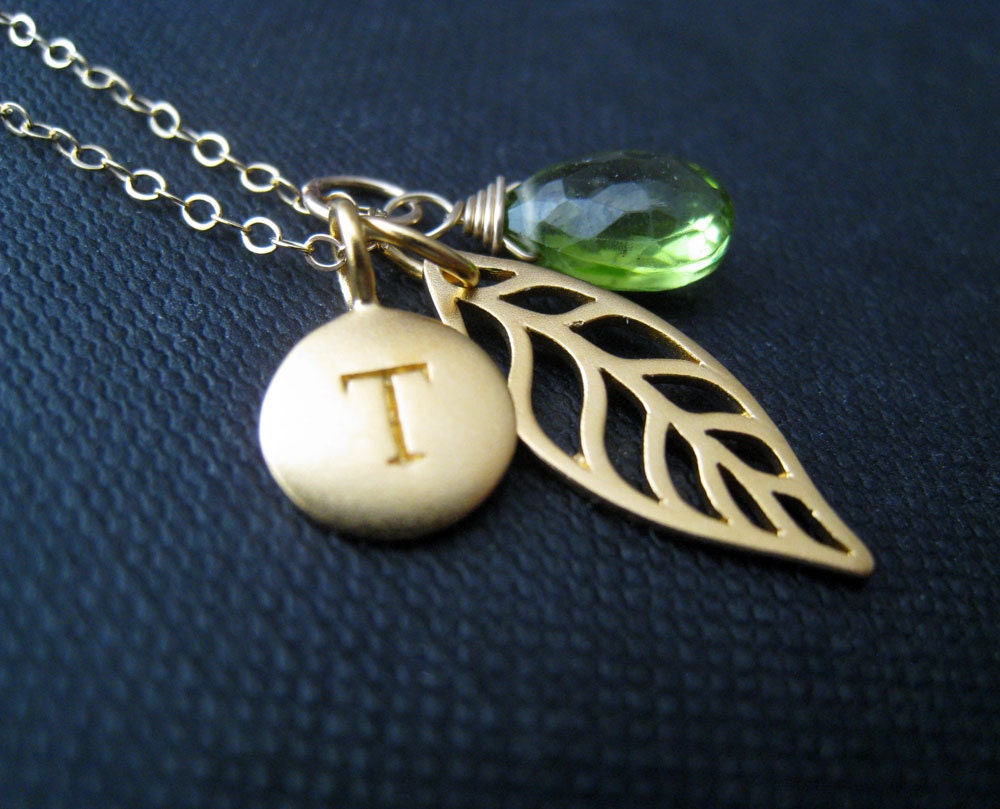 Personalized initial leaf necklace, nature necklace, birthstone, gold leaf, peridot, bridesmaid jewelry, weddings