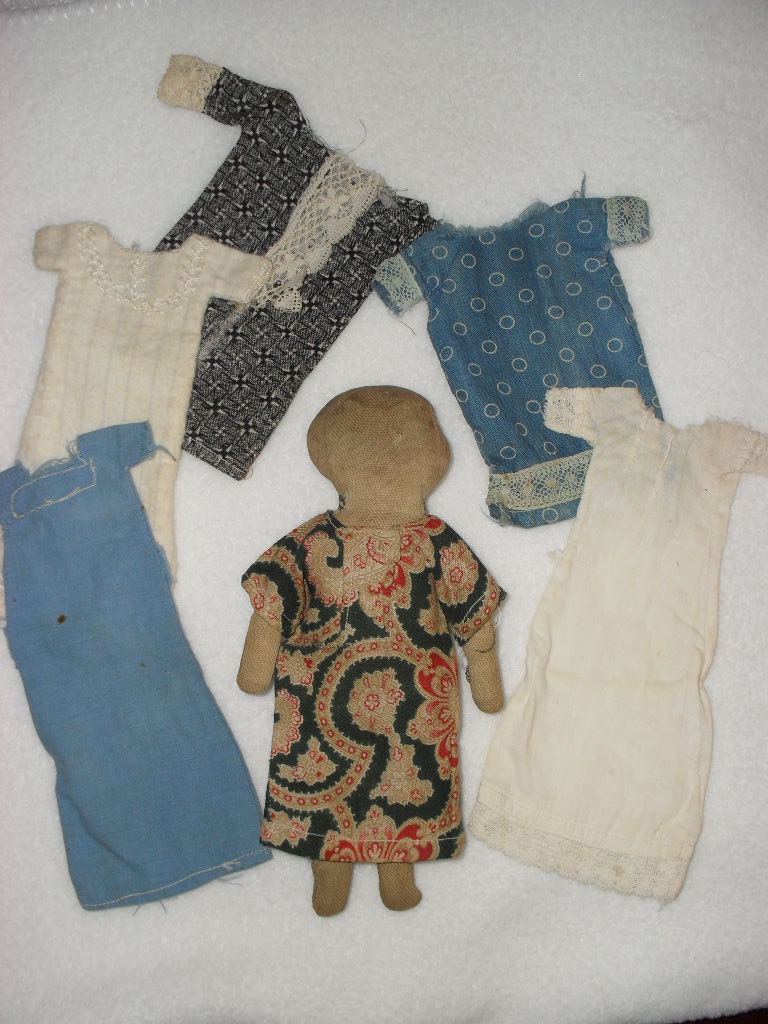Small Antique Printed Doll with Wardrobe c. 1900
