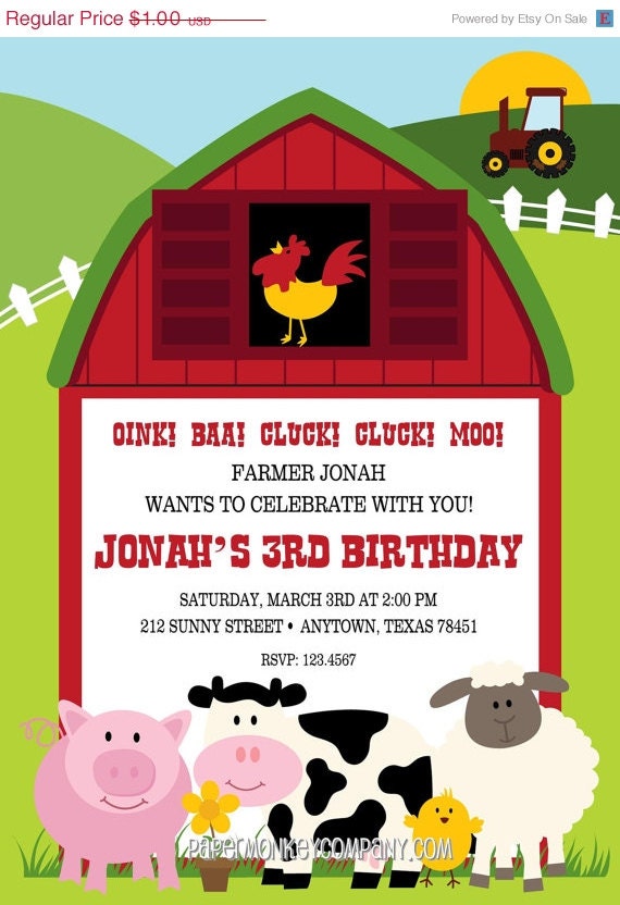 Farm Birthday Invitation - Barn Animals, Pig, Chicken, Sheep and Cow Il_570xn