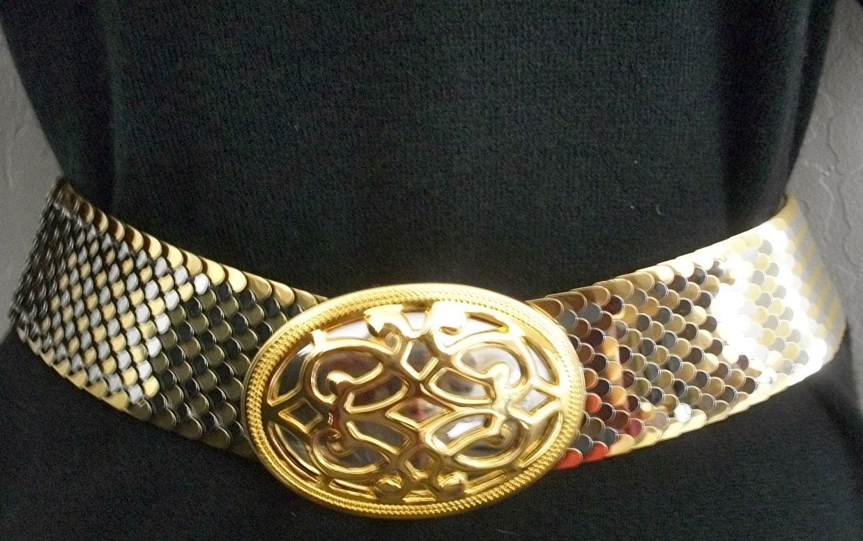 Vintage Belt By Daylor Gold & Silver Tone Metal Stretch 1980s Oval Buckle