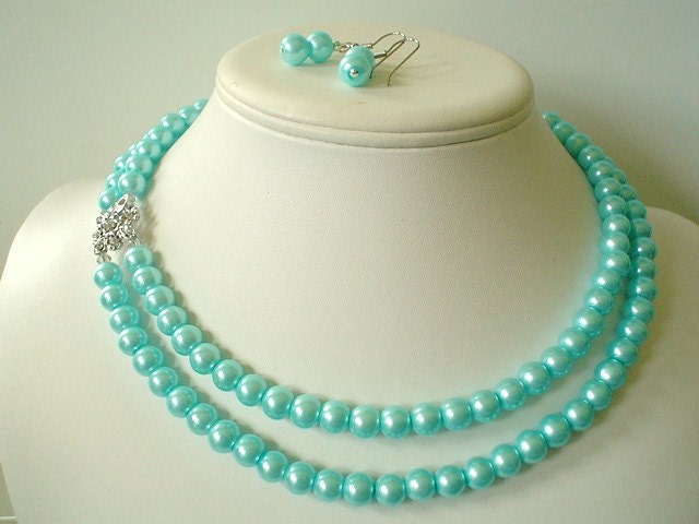 Two Strand Tiffany Blue Pearl with Square Rhinestone Pendant Beaded Necklace and Earring Set Great Brides or Bridesmaid Gifts