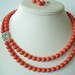 Two Strand Swarovski Coral Pearl with Square Rhinestone Pendant Beaded Necklace and Earring Set Great Brides or Bridesmaid Gifts