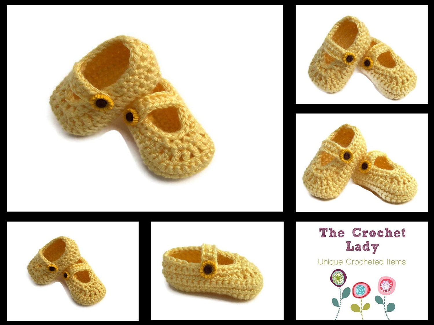 Baby Booties, Baby Shoes, Crocheted, Yellow,  Mary Jane Shoes Booties 0 - 3 Months Yellow with SunFlower Button Trim