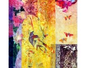 Acrylic Collage Painting, Abstract Bird Art, Face, Flowers, Butterflies, Fine Art Print reproduction 8 x 10  "Daydream"