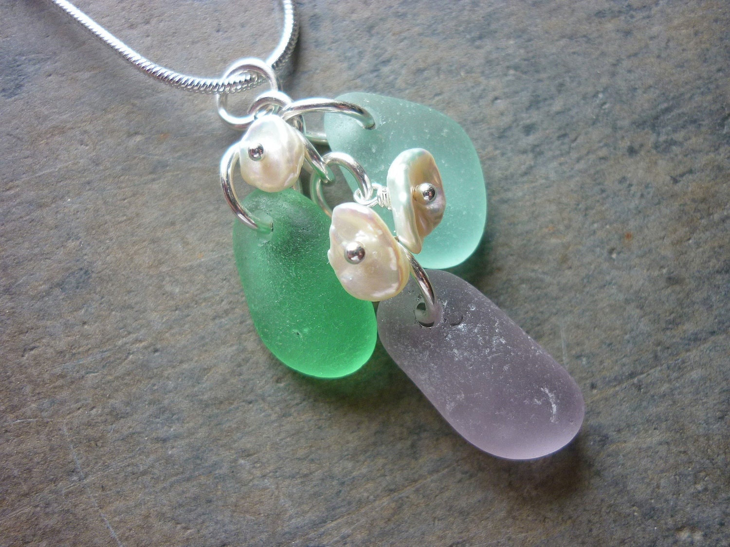 Aqua Sea Glass Necklace -  Seaglass Pendant in Purple Beach Glass