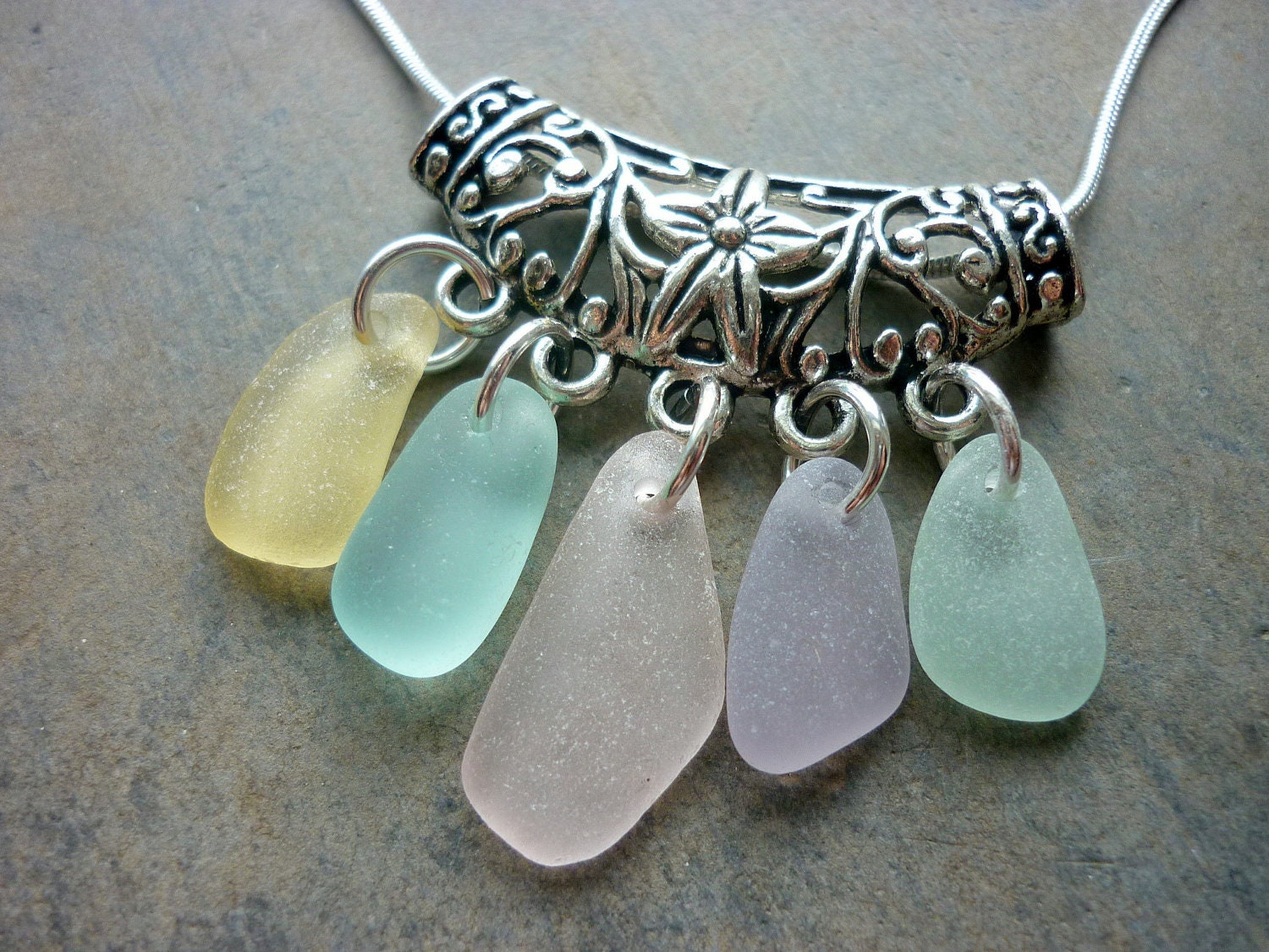 Sea Glass Necklace Aqua - Floral Filigree Seaglass Setting
