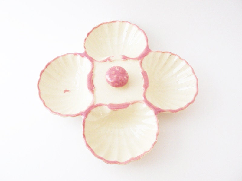 Shabby Chic Pink SHELL POTTERY - Vintage Oyster Trinket Dish - Beach Wedding Decor