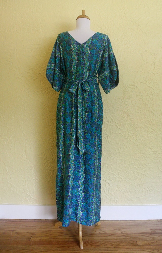1970s Hawaiian blue green floral maxi wrap dress / large