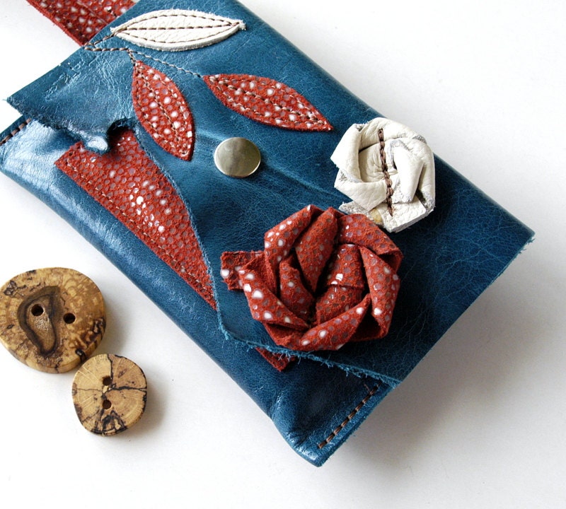 LEATHER iPhone Case or Wallet with Wristlet - Gadgets, Phones, Ipod Classic - Rustic - Double Blooms with Triple Leaves