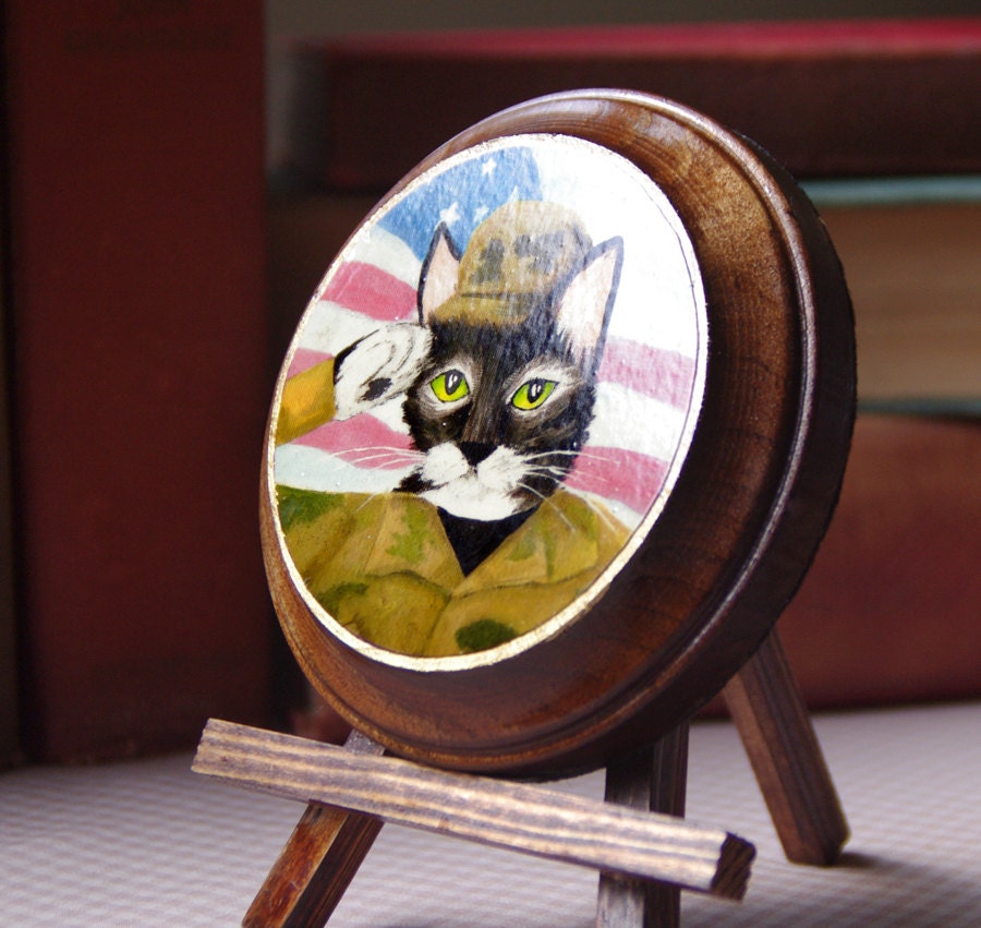Grey Tabby Cat Army Soldier Wooden Plaque, Wall Hanging, Home Decor