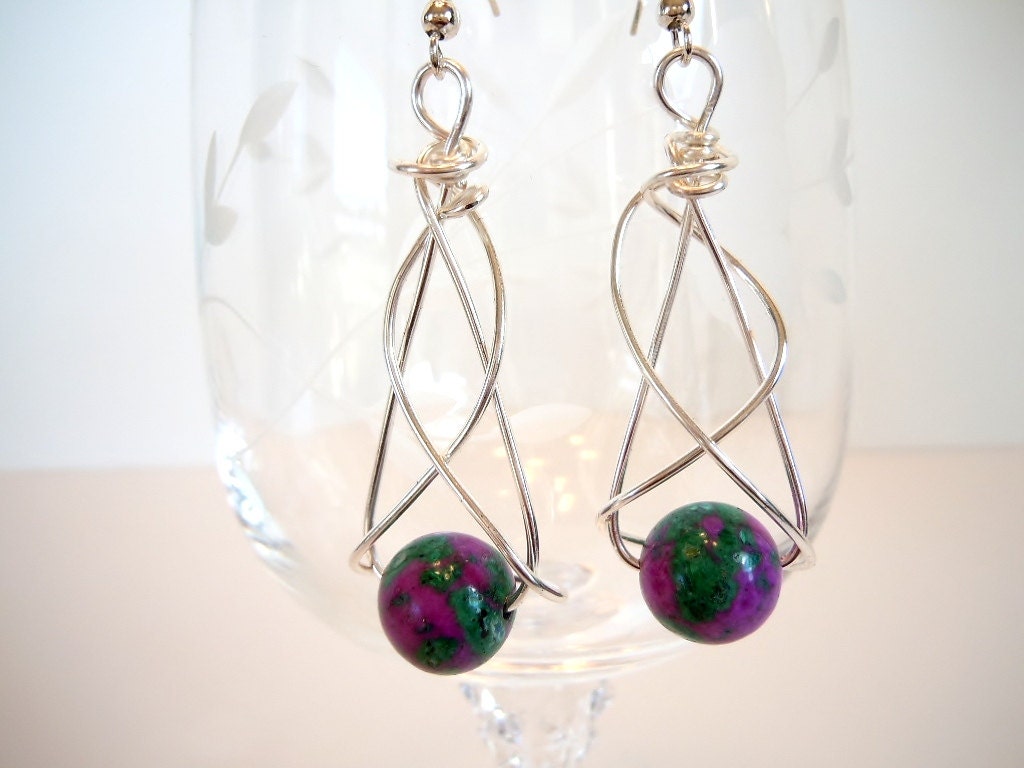 Wire Wrapped Earrings by Debbie Renee, Purple And Green Stones Wrapped In Silver Plated Wire