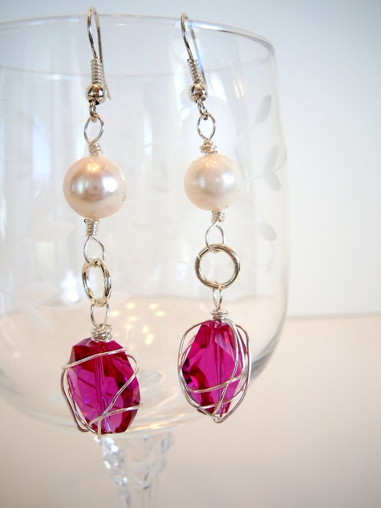 Wire Wrapped Earrings by Debbie Renee, Hot Pink Wire Wrapped Swarovski Crystals With Freshwater Pearls