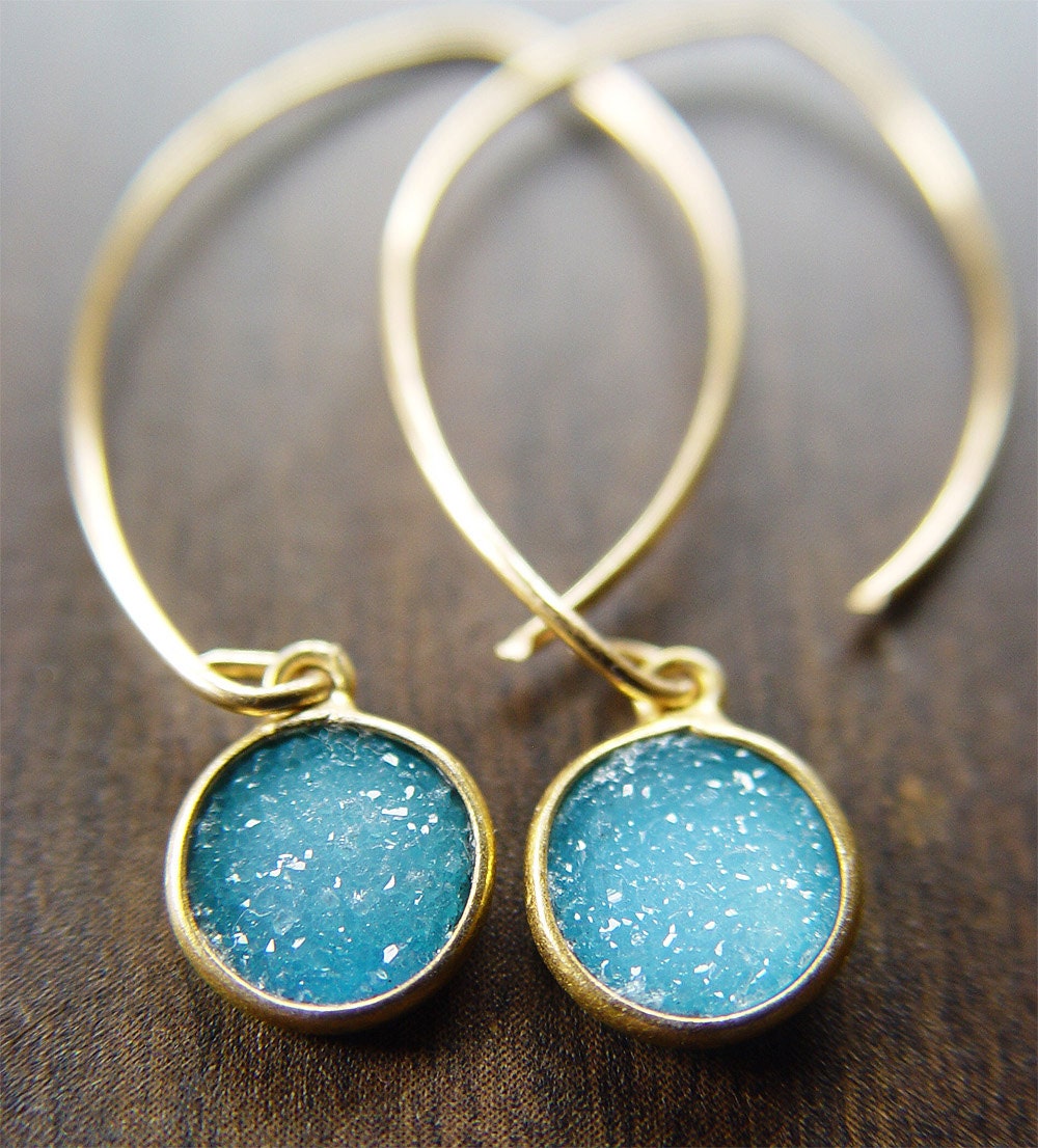 Round Blue Druzy Earrings 14k Gold