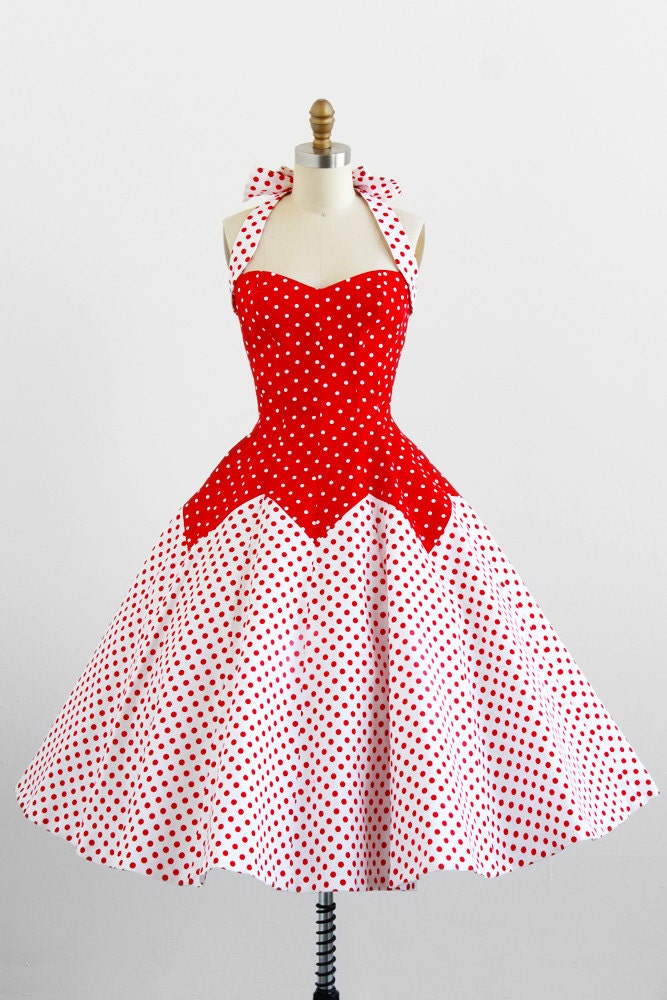 vintage rockabilly dress / 1950s dress / Victor Costa 50s Style Red and White Polkadot Dress