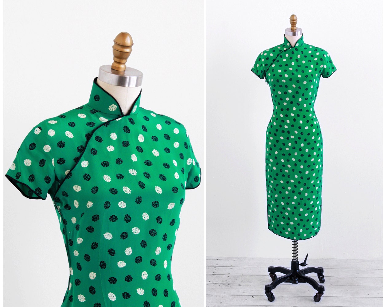 vintage 1940s dress / 1940s cheongsam / Green Umbrella Novelty Print Dress