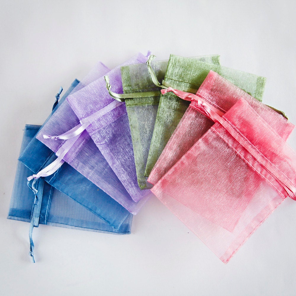100 Organza Bags, 3x4 inch, multi color dusty tones, dusty blue, lavender, moss green, rose dusty pink