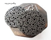 Dark Brown Wooden Filigree Earrings, Round, Circle, Large, Bohemian, Gypsy