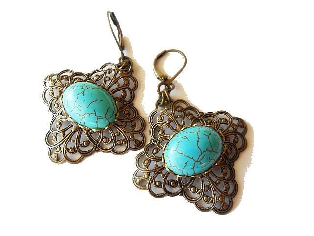 Boho Turquoise and Filigree Dangle Earrings, Antique Gold, Gypsy, Bohemian