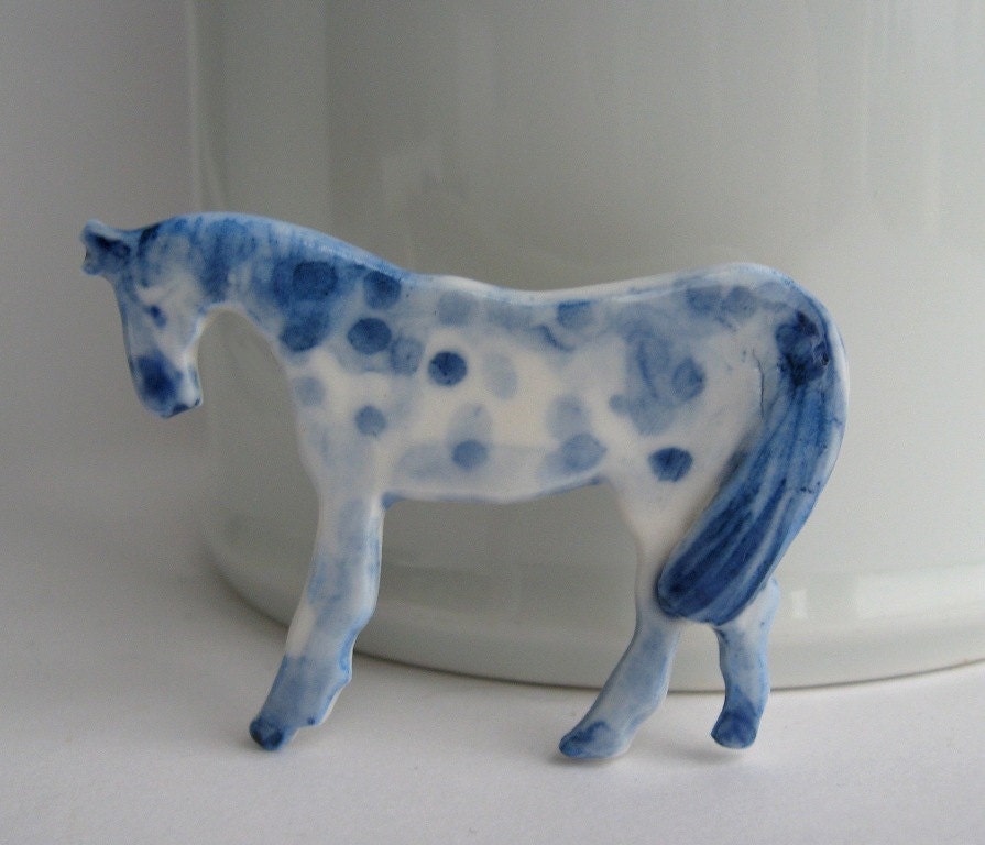 Blue and white Horse - Handpainted Porcelain brooch
