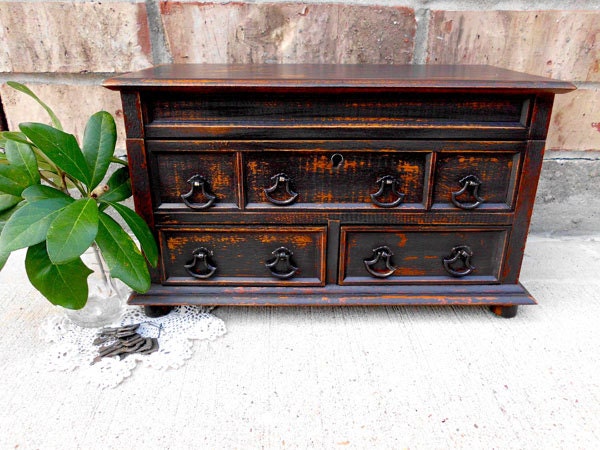 Vintage - Upcycled -Wondrous Walnut Brown - Wooden Musical Jewelry Box - Storage - Rustic Chic