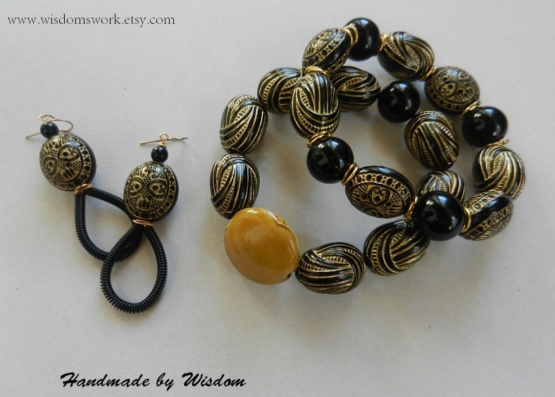 Black and Gold Stacked Bracelet Set with Matching Coil Earrings