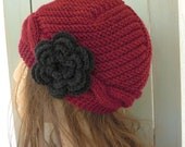 Hand Knit  hat-  Womens Hat Cable knit hat   Cloche  Wool hat   in Burgundy  with flower Fall autumn winter accessories Fashion women