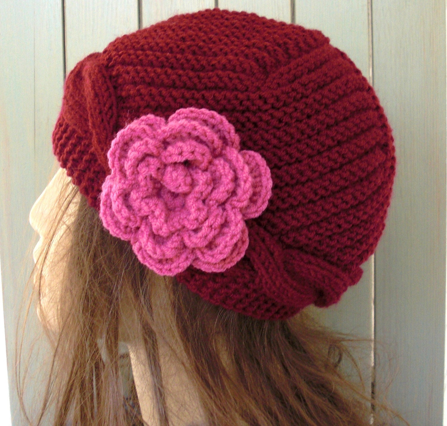 Burgundy  Knit   Womens Hat Cable knit hat  Slouchy Beanie  Cloche  Wool hat   in Burgundy  with flower autumn winter accessories Fashion